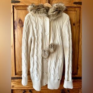 Vintage Y2K American Eagle Cable Knit Sweater Jacket w/Faux Fur Hoodie Rare - L